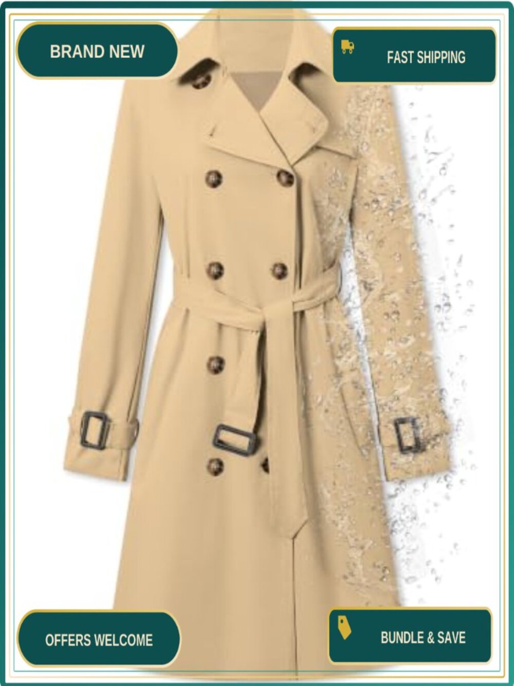 Women's Double Breasted Water-repellent Belted Trench Coat